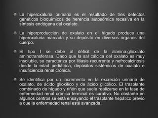 La hiperoxaluria primaria es el resultado de tres defectos
genéticos bioquímicos de herencia autosómica recesiva en la
síntesis endógena del oxalato.
La hiperproducción de oxalato en el hígado produce una
hiperoxaluria marcada y su depósito en diversos órganos del
cuerpo.
El tipo I se debe al déficit de la alanina:glioxilato
aminotransferasa. Dado que la sal cálcica del oxalato es muy
insoluble, se caracteriza por litiasis recurrente y nefrocalcinosis
desde la edad pediátrica, depósitos sistémicos de oxalato e
insuficiencia renal crónica.
Se identifica por un incremento en la excreción urinaria de
oxalato, de ácido glioxílico y de ácido glicólico. El trasplante
combinado de hígado y riñón que suele realizarse en la fase de
enfermedad renal crónica terminal es curativo. No obstante en
algunos centros se está ensayando el trasplante hepático previo
a que la enfermedad renal esté avanzada.
 