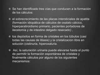 Se han identificado tres vías que conducen a la formación
de los cálculos:
el sobrecrecimiento de las placas intersticiales de apatita
(formación idiopática de cálculos de oxalato cálcico,
hiperparatiroidismo primario, pacientes portadores de
ileostomía y de intestino delgado resecado) ,
los depósitos en forma de cristales en los túbulos (casi
todas las causas de litiasis) y la cristalización libre en
solución (cistinuria, hiperoxaluria.
Así, la saturación urinaria puede elevarse hasta el punto
de permitir la formación espontánea de cristales y
finalmente cálculos por alguno de los siguientes
mecanismos:
 