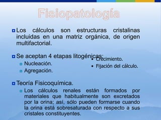  Los   cálculos son estructuras cristalinas
 incluidas en una matriz orgánica, de origen
 multifactorial.

 Se   aceptan 4 etapas litogénicas:
                               • Crecimiento.
      Nucleación.               • Fijación del cálculo.
      Agregación.

 Teoría   Fisicoquímica.
      Los cálculos renales están formados por
       materiales que habitualmente son excretados
       por la orina; así, sólo pueden formarse cuando
       la orina está sobresaturada con respecto a sus
       cristales constituyentes.
 