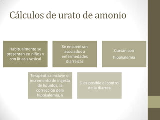Cálculos de urato de amonio

Habitualmente se
presentan en niños y
con litiasis vesical

Se encuentran
asociados a
enfermedades
diarreicas

Terapéutica incluye el
incremento de ingesta
de líquidos, la
corrección dela
hipokalemia, y

Cursan con
hipokalemia

Si es posible el control
de la diarrea

 