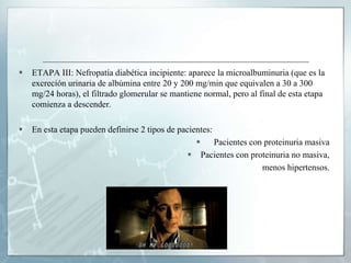  ETAPA III: Nefropatía diabética incipiente: aparece la microalbuminuria (que es la
excreción urinaria de albúmina entre 20 y 200 mg/min que equivalen a 30 a 300
mg/24 horas), el filtrado glomerular se mantiene normal, pero al final de esta etapa
comienza a descender.
 En esta etapa pueden definirse 2 tipos de pacientes:
 Pacientes con proteinuria masiva
 Pacientes con proteinuria no masiva,
menos hipertensos.
 