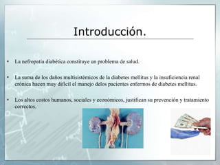 Introducción.
 La nefropatía diabética constituye un problema de salud.
 La suma de los daños multisistémicos de la diabetes mellitus y la insuficiencia renal
crónica hacen muy difícil el manejo delos pacientes enfermos de diabetes mellitus.
 Los altos costos humanos, sociales y económicos, justifican su prevención y tratamiento
correctos.
 