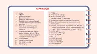 1. Mujer
2. 72 años
3. Malestar general
4. Desorientación
5. Infección al estómago
6. Deposiciones líquidas hasta 6
veces al día en regular cantidad.
7. Vómitos
8. Falta de apetito, tolerando
solamente mates en poca
cantidad.
9. Hipertensa hace casi 15 años,
usaba Losartán 50 mg c/12h e
Hidroclorotiazida 12.5mg c/24h
como tratamiento regular.
10. Somnolienta.
11. Habla incoherencias
12. PA: 90/50 mmHg.
13. FC: 110 lpm.
DATOS BÁSICOS
14. FR: 22 rpm.
15. Peso referido 60 kg
16. Mucosas orales secas
17. LLenado capilar >2 segundos.
18. RHA presentes aumentados en frecuencia
19. Dolor difuso a la palpación a predominio de
mesogastrio.
20. Recibe indicaciones de: NaCl 0.9 % 300 ml a
chorro, continuar a 75cc/h, Dimenhidrinato 50
mg E.V. STAT, Escopolamina 20 mg E.V. STAT.
21. Hb: 11.2 g/dl
22. Creatinina: 1.8 mg/dl
23. Urea: 82 mg/dl
24. pH: 7.32
25. HCO3: 18mmol/L
26. Sodio: 120mEq/L
27. Potasio: 3.2mEq/L
28. Cloro: 87mEq/L
 
