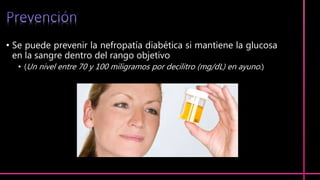 • Se puede prevenir la nefropatía diabética si mantiene la glucosa
en la sangre dentro del rango objetivo
• (Un nivel entre 70 y 100 miligramos por decilitro (mg/dL) en ayuno.)
 