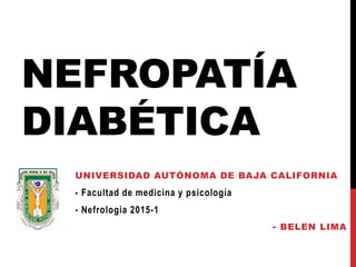 NEFROPATÍA
DIABÉTICA
UNIVERSIDAD AUTÓNOMA DE BAJA CALIFORNIA
- Facultad de medicina y psicología
- Nefrologia 2015-1
- BELEN LIMA
 