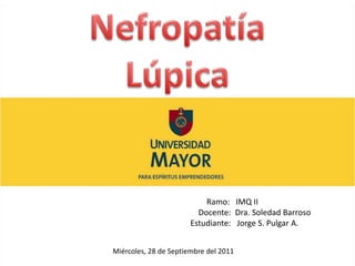 Nefropatía Lúpica         Ramo:   IMQ II     Docente:  Dra. Soledad Barroso Estudiante:   Jorge S. Pulgar A. Miércoles, 28 de Septiembre del 2011 