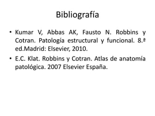 Bibliografía
• Kumar V, Abbas AK, Fausto N. Robbins y
Cotran. Patología estructural y funcional. 8.ª
ed.Madrid: Elsevier, 2010.
• E.C. Klat. Robbins y Cotran. Atlas de anatomía
patológica. 2007 Elsevier España.
 