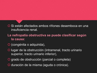  Si están afectados ambos riñones desemboca en una
insuficiencia renal.
La nefropatía obstructiva se puede clasificar según
la causa:
 (congénita o adquirida),
 lugar de la obstrucción (intrarrenal, tracto urinario
superior, tracto urinario inferior),
 grado de obstrucción (parcial o completa)
 duración de la misma (aguda o crónica).
 