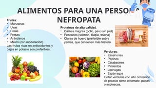 ALIMENTOS PARA UNA PERSONA
NEFROPATA
Frutas:
• Manzanas
• Uvas
• Peras
• Fresas
• Arándanos
• Melón (con moderación)
Las frutas ricas en antioxidantes y
bajas en potasio son preferibles.
Proteínas de alta calidad:
• Carnes magras (pollo, pavo sin piel)
• Pescados (salmón, tilapia, trucha)
• Claras de huevo (preferible sobre
yemas, que contienen más fósforo
Verduras:
• Zanahorias
• Pepinos
• Calabacines
• Pimientos
• Lechugas
• Espárragos
Evitar verduras con alto contenido
de potasio como el tomate, papas
o espinacas.
 