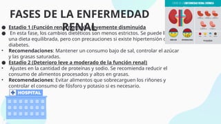 FASES DE LA ENFERMEDAD
RENAL
● Estadio 1 (Función renal normal o levemente disminuida
● En esta fase, los cambios dietéticos son menos estrictos. Se puede llevar
una dieta equilibrada, pero con precauciones si existe hipertensión o
diabetes.
• Recomendaciones: Mantener un consumo bajo de sal, controlar el azúcar
y las grasas saturadas.
● Estadio 2 (Deterioro leve a moderado de la función renal)
• Ajustes en la cantidad de proteínas y sodio. Se recomienda reducir el
consumo de alimentos procesados y altos en grasas.
• Recomendaciones: Evitar alimentos que sobrecarguen los riñones y
controlar el consumo de fósforo y potasio si es necesario.
 