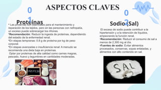 ASPECTOS CLAVES
Proteínas Sodio (Sal)
0
2
0
1
• Las proteínas son esenciales para el mantenimiento y
reparación de los tejidos, pero en las personas con nefropatía,
un exceso puede sobrecargar los riñones.
•Recomendación: Reducir la ingesta de proteínas, dependiendo
del estadio de la enfermedad renal.
•En etapas tempranas: 0.8 g de proteína por kg de peso
corporal.
•En etapas avanzadas o insuficiencia renal: A menudo se
recomienda una dieta baja en proteínas.
Optar por proteínas de alta calidad como carnes magras,
pescado, huevo y legumbres en cantidades moderadas.
El exceso de sodio puede contribuir a la
hipertensión y a la retención de líquidos,
empeorando la función renal.
•Recomendación: Reducir el consumo de sal a
menos de 2,300 mg al día.
•Fuentes de sodio: Evitar alimentos
procesados, conservas, sopas enlatadas, y
alimentos con alto contenido en sal.
 