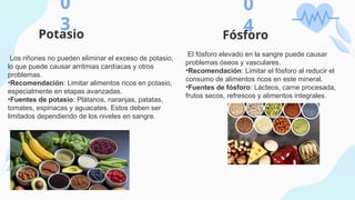 Potasio Fósforo
0
4
0
3
Los riñones no pueden eliminar el exceso de potasio,
lo que puede causar arritmias cardíacas y otros
problemas.
•Recomendación: Limitar alimentos ricos en potasio,
especialmente en etapas avanzadas.
•Fuentes de potasio: Plátanos, naranjas, patatas,
tomates, espinacas y aguacates. Estos deben ser
limitados dependiendo de los niveles en sangre.
El fósforo elevado en la sangre puede causar
problemas óseos y vasculares.
•Recomendación: Limitar el fósforo al reducir el
consumo de alimentos ricos en este mineral.
•Fuentes de fósforo: Lácteos, carne procesada,
frutos secos, refrescos y alimentos integrales.
 