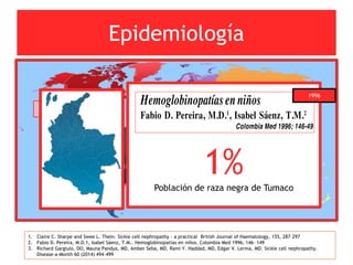 Epidemiología
1. Claire C. Sharpe and Swee L. Thein. Sickle cell nephropathy – a practical British Journal of Haematology, 155, 287–297
2. Fabio D. Pereira, M.D.1, Isabel Sáenz, T.M.. Hemoglobinopatías en niños. Colombia Med 1996; 146- 149
3. Richard Gargiulo, DO, Mauna Pandya, MD, Amber Seba, MD, Rami Y. Haddad, MD, Edgar V. Lerma, MD. Sickle cell nephropathy.
Disease-a-Month 60 (2014) 494–499
70.000 – 100.000
25%
Nefropatía por Células
Falciformes 1%Población de raza negra de Tumaco
1996
 