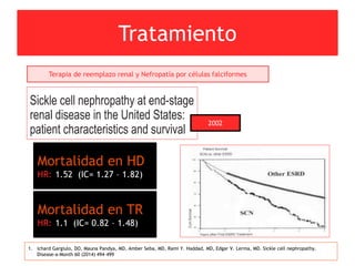 Tratamiento
1. ichard Gargiulo, DO, Mauna Pandya, MD, Amber Seba, MD, Rami Y. Haddad, MD, Edgar V. Lerma, MD. Sickle cell nephropathy.
Disease-a-Month 60 (2014) 494–499
Terapia de reemplazo renal y Nefropatía por células falciformes
2002
Mortalidad en HD
HR: 1.52 (IC= 1.27 – 1.82)
Mortalidad en TR
HR: 1.1 (IC= 0.82 – 1.48)
 