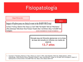 Fisiopatología
Hiperfiltración
2012
Elevada tasa de filtración glomerular en la línea
de base del estudio en infantes con media de
edad de
13.7 años
1. Courtney D. Thornburg, Beatrice A. Files, Zhaoyu Luo, Scott T. Miller, Ram Kalpatthi, Rathi Iyer, Phillip Seaman, Jeffrey
Lebensburger, Ofelia Alvarez,9 Bruce Thompson, Russell E. Ware, and Winfred C. Wang, for the BABY HUG Investigators. Impact of
hydroxyurea on clinical events in the BABY HUG trial. Blood. 2012;120(22):4304-4310
 