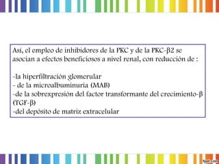 Así, el empleo de inhibidores de la PKC y de la PKC-β2 se
asocian a efectos beneficiosos a nivel renal, con reducción de :
-la hiperfiltración glomerular
- de la microalbuminuria (MAB)
-de la sobrexpresión del factor transformante del crecimiento-β
(TGF-β)
-del depósito de matriz extracelular

 