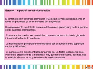 Estadio 1. Hipertrofia renal-hiperfunción

El tamaño renal y el filtrado glomerular (FG) están elevados prácticamente en
todos los pacientes ya en el momento del diagnóstico.
Histológicamente, se detecta aumento del volumen glomerular y de la superficie
de los capilares glomerulares.
Estos cambios pueden ser reversibles con un correcto control de la glucemia
iniciando el tratamiento insulínico.
La hiperfiltración glomerular se correlaciona con el aumento de la superficie
capilar. (150 ml/min)
El aumento en la presión intracapilar parece ser un factor fundamental en el
inicio de la progresión de la nefropatía. Hay que tener en cuenta, además, que
la arteriola aferente es muy sensible a la vasoconstricción.

 