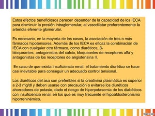 Estos efectos beneficiosos parecen depender de la capacidad de los IECA
para disminuir la presión intraglomerular, al vasodilatar preferentemente la
arteriola eferente glomerular.
Es necesario, en la mayoría de los casos, la asociación de tres o más
fármacos hipotensores. Además de los IECA es eficaz la combinación de
IECA con cualquier otro fármaco, como diuréticos, βbloqueantes, antagonistas del calcio, bloqueantes de receptores alfa y
antagonistas de los receptores de angiotensina II.
En caso de que exista insuficiencia renal, el tratamiento diurético se hace
casi inevitable para conseguir un adecuado control tensional.
Los diuréticos del asa son preferibles si la creatinina plasmática es superior
a 2-3 mg/dl y deben usarse con precaución o evitarse los diuréticos
ahorradores de potasio, dado el riesgo de hiperpotasemia de los diabéticos
con insuficiencia renal, en los que es muy frecuente el hipoaldosteronismo
hiporreninémico.

 