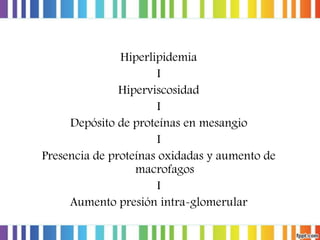 Hiperlipidemia
I
Hiperviscosidad
I
Depósito de proteínas en mesangio
I
Presencia de proteínas oxidadas y aumento de
macrofagos
I
Aumento presión intra-glomerular

 