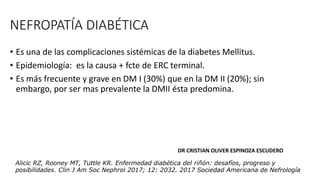 NEFROPATÍA DIABÉTICA
• Es una de las complicaciones sistémicas de la diabetes Mellitus.
• Epidemiología: es la causa + fcte de ERC terminal.
• Es más frecuente y grave en DM I (30%) que en la DM II (20%); sin
embargo, por ser mas prevalente la DMII ésta predomina.
Alicic RZ, Rooney MT, Tuttle KR. Enfermedad diabética del riñón: desafíos, progreso y
posibilidades. Clin J Am Soc Nephrol 2017; 12: 2032. 2017 Sociedad Americana de Nefrología
DR CRISTIAN OLIVER ESPINOZA ESCUDERO
 