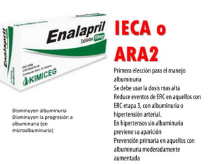 IECA o
ARA2
Disminuyen albuminuria
Disminuyen la progresión a
albuminuria (en
microalbuminuria)
 