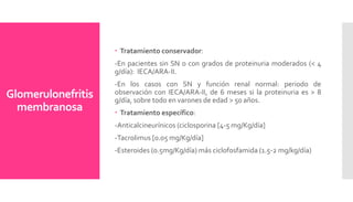 Glomerulonefritis
membranosa
 Tratamiento conservador:
-En pacientes sin SN o con grados de proteinuria moderados (< 4
g/día): IECA/ARA-II.
-En los casos con SN y función renal normal: periodo de
observación con IECA/ARA-II, de 6 meses si la proteinuria es > 8
g/día, sobre todo en varones de edad > 50 años.
 Tratamiento específico:
-Anticalcineurínicos (ciclosporina [4-5 mg/Kg/día]
-Tacrolimus [0.05 mg/Kg/día]
-Esteroides (0.5mg/Kg/día) más ciclofosfamida (1.5-2 mg/kg/día)
 