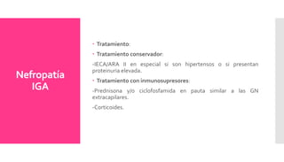 Nefropatía
IGA
 Tratamiento:
 Tratamiento conservador:
-IECA/ARA II en especial si son hipertensos o si presentan
proteinuria elevada.
 Tratamiento con inmunosupresores:
-Prednisona y/o ciclofosfamida en pauta similar a las GN
extracapilares.
-Corticoides.
 