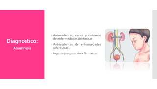 Diagnostico:
Anamnesis
 Antecedentes, signos y síntomas
de enfermedades sistémicas
 Antecedentes de enfermedades
infecciosas .
 Ingesta y exposición a fármacos.
 