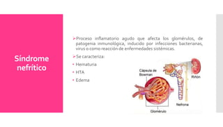Síndrome
nefrítico
Proceso inflamatorio agudo que afecta los glomérulos, de
patogenia inmunológica, inducido por infecciones bacterianas,
virus o como reacción de enfermedades sistémicas.
Se caracteriza:
• Hematuria
• HTA
• Edema
 