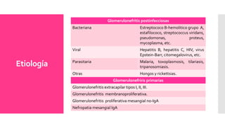 Etiología
Glomerulonefritis postinfecciosas
Bacteriana Estreptococo B-hemolitico grupo A,
estafilococo, streptococcus viridans,
pseudomonas, proteus,
mycoplasma, etc.
Viral Hepatitis B, hepatitis C, HIV, virus
Epstein-Barr, citomegalovirus, etc.
Parasitaria Malaria, toxoplasmosis, tilariasis,
tripanosomiasis.
Otras Hongos y rickettsias.
Glomerulonefriris primarias
Glomerulonefritis extracapilar tipos I, II, III.
Glomerulonefritis membranoproliferativa.
Glomerulonefritis proliferativa mesangial no-IgA
Nefropatia mesangial IgA
 