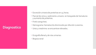 Diagnostico
 Excreción urinaria de proteínas en 24 horas.
 Parcial de orina y sedimento urinario: en búsqueda de hematuria
y aumento de proteínas.
 Frotis sanguíneo.
 Hemograma: hematocrito disminuido por dilución o anemia.
 Urea y creatinina: se encuentran elevados.
 Ecografía Renal y de vías urinarias.
 Biopsia renal
 