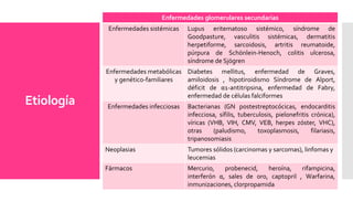 Etiología
Enfermedades glomerulares secundarias
Enfermedades sistémicas Lupus eritematoso sistémico, síndrome de
Goodpasture, vasculitis sistémicas, dermatitis
herpetiforme, sarcoidosis, artritis reumatoide,
púrpura de Schönlein-Henoch, colitis ulcerosa,
síndrome de Sjögren
Enfermedades metabólicas
y genético-familiares
Diabetes mellitus, enfermedad de Graves,
amiloidosis , hipotiroidismo Síndrome de Alport,
déficit de α1-antitripsina, enfermedad de Fabry,
enfermedad de células falciformes
Enfermedades infecciosas Bacterianas (GN postestreptocócicas, endocarditis
infecciosa, sífilis, tuberculosis, pielonefritis crónica),
víricas (VHB, VIH, CMV, VEB, herpes zóster, VHC),
otras (paludismo, toxoplasmosis, filariasis,
tripanosomiasis
Neoplasias Tumores sólidos (carcinomas y sarcomas), linfomas y
leucemias
Fármacos Mercurio, probenecid, heroína, rifampicina,
interferón α, sales de oro, captopril , Warfarina,
inmunizaciones, clorpropamida
 