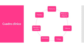 Cuadro clínico
Nicturia
Poliuria u
oliguria
Edema
Fatiga
Anorexia
Nausea y
vomito
Palidez
 