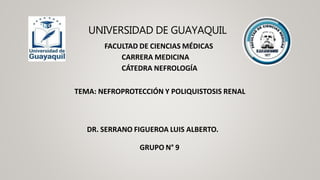 UNIVERSIDAD DE GUAYAQUIL
FACULTAD DE CIENCIAS MÉDICAS
CARRERA MEDICINA
CÁTEDRA NEFROLOGÍA
TEMA: NEFROPROTECCIÓN Y POLIQUISTOSIS RENAL
DR. SERRANO FIGUEROA LUIS ALBERTO.
GRUPO N° 9
 