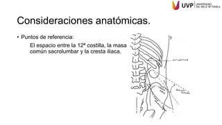 Consideraciones anatómicas.
• Puntos de referencia:
El espacio entre la 12ª costilla, la masa
común sacrolumbar y la cresta iliaca.
 