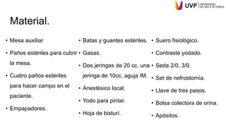 Material.
• Mesa auxiliar
• Paños estériles para cubrir
la mesa.
• Cuatro paños estériles
para hacer campo en el
paciente.
• Empapadores.
• Batas y guantes estériles.
• Gasas.
• Dos jeringas de 20 cc, una
jeringa de 10cc, aguja IM.
• Anestésico local.
• Yodo para pintar.
• Hoja de bisturí.
• Suero fisiológico.
• Contraste yodado.
• Seda 2/0, 3/0.
• Set de nefrostomía.
• Llave de tres pasos.
• Bolsa colectora de orina.
• Apósitos.
 