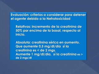 Evaluación: criterios a considerar para detener
el agente debido a la Nefrotoxicidad

   Relativas: Incremento de la creatinina de
   50% por encima de la basal, respecto al
   inicio.

   Absoluta: creatinina sérica en aumento.
   Que aumente 0,5 mg/dl/dia sí la
   creatinina es < de 2 mgs.
   Aumente 1 mg/dl/dia, sí la creatinina es >
   de 2 mgs/dl
 