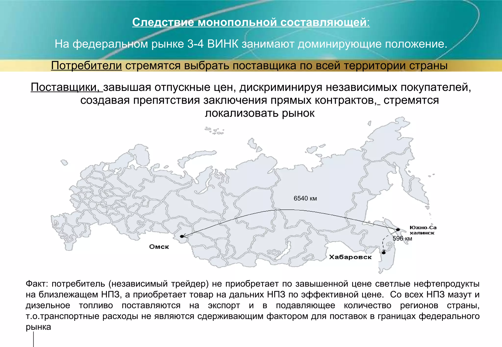 Следствие монопольной составляющей : На федеральном рынке 3-4 ВИНК занимают доминирующие положение. Потребители  стремятся выбрать поставщика по всей территории страны  Поставщики,  завышая отпускные цен, дискриминируя независимых покупателей, создавая препятствия заключения прямых контрактов,   стремятся локализовать рынок Факт: потребитель (независимый трейдер) не приобретает по завышенной цене светлые нефтепродукты на близлежащем НПЗ, а приобретает товар на дальних НПЗ по эффективной цене.  Со всех НПЗ мазут и дизельное топливо поставляются на экспорт и в подавляющее количество регионов страны, т.о.транспортные расходы не являются сдерживающим фактором для поставок в границах федерального рынка 6540 км 596 км 