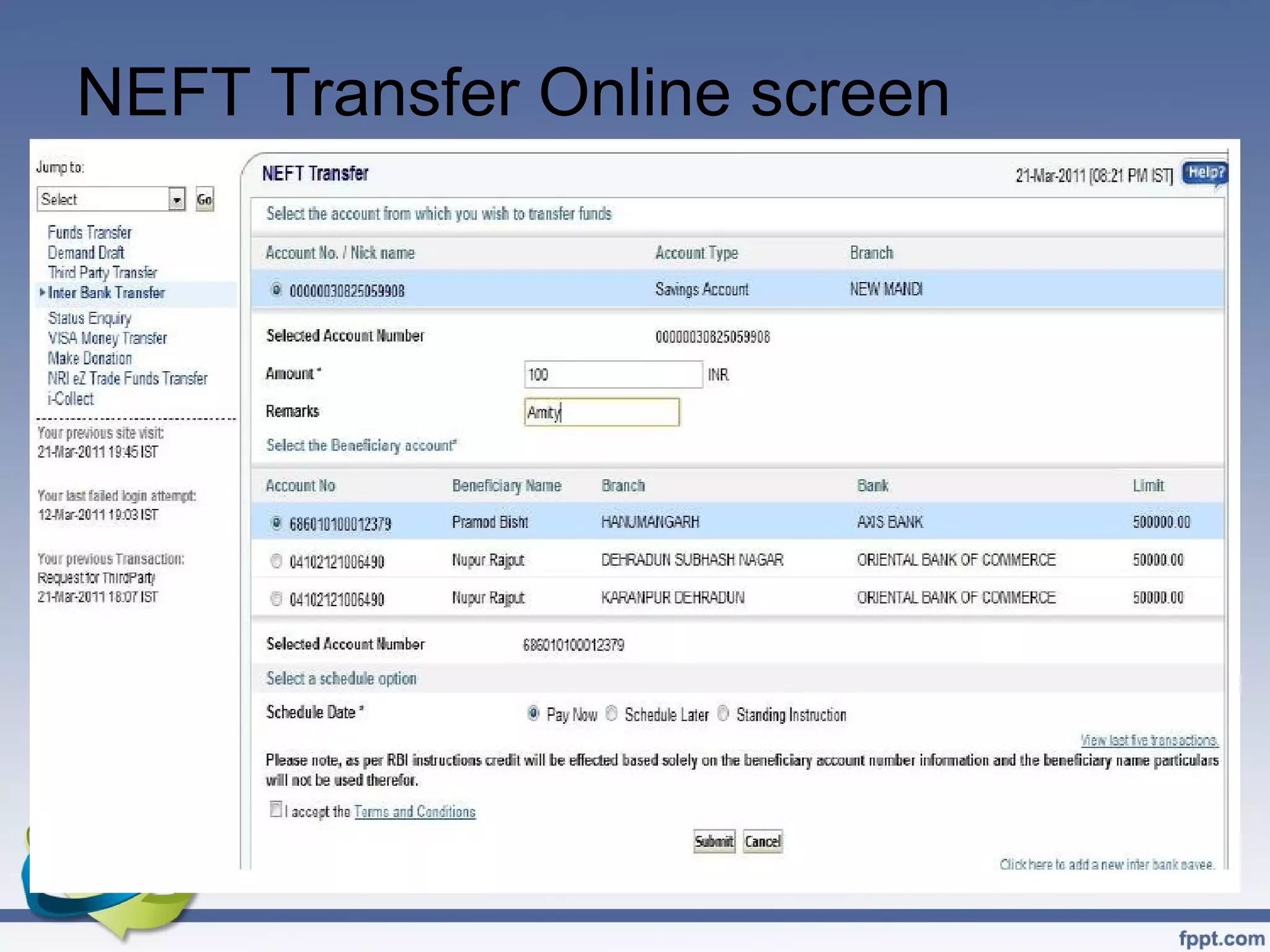 NEFT Transfer Online screen
 