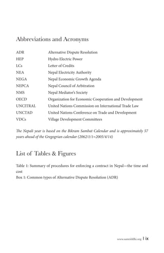 www.samriddhi.org | ix
Abbreviations and Acronyms
ADR Alternative Dispute Resolution
HEP Hydro Electric Power
LCs Letter of Credits
NEA Nepal Electricity Authority
NEGA Nepal Economic Growth Agenda
NEPCA Nepal Council of Arbitration
NMS Nepal Mediator’s Society
OECD Organization for Economic Cooperation and Development
UNCITRAL United Nations Commission on International Trade Law
UNCTAD United Nations Conference on Trade and Development
VDCs Village Development Committees
The Nepali year is based on the Bikram Sambat Calendar and is approximately 57
years ahead of the Gregogrian calendar (2062/1/1=2005/4/14)
List of Tables & Figures
Table 1: Summary of procedures for enforcing a contract in Nepal—the time and
cost
Box 1: Common types of Alternative Dispute Resolution (ADR)
 