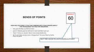 BENDS OF POINTS
HOW HAD YOU DONE???YOU CAN COMPARE WITH YOUR FRIENDS ABOUT
THE KNOWLEDGE YOU HAD FOR SINGAPORE.
• Very good 50-59jia you!!!Almost there…………
• good 31-50quite good but still need to work hard! Don’t give up!
• Pass 11-30 so-so only lah. Never revise social studies hah.
• fail 10 and below are you even a Singaporean? So lousy. Must try harder.
Enjoy the game.
NEXT TIME CAN BE PM LIAO!!!CONGRAJULATIONS!!!
PERFECT
60
 