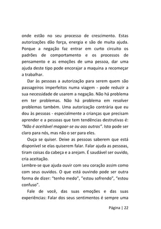 Página | 22
onde estão no seu processo de crescimento. Estas
autorizações dão força, energia e são de muita ajuda.
Porque a negação faz entrar em curto circuito os
padrões de comportamento e os processos de
pensamento e as emoções de uma pessoa, dar uma
ajuda deste tipo pode encorajar a maquina a recomeçar
a trabalhar.
Dar às pessoas a autorização para serem quem são
passageiros imperfeitos numa viagem - pode reduzir a
sua necessidade de usarem a negação. Não há problema
em ter problemas. Não há problema em resolver
problemas também. Uma autorização contrária que eu
dou às pessoas - especialmente a crianças que precisam
aprender e a pessoas que tem tendências destrutivas é:
“Não é aceitável magoar-se ou aos outros”. Isto pode ser
claro para nós, mas não o ser para eles.
Ouça se quiser. Deixe as pessoas saberem que está
disponível se elas quiserem falar. Falar ajuda as pessoas,
tiram coisas da cabeça e a arejam. É saudável ser ouvido,
cria aceitação.
Lembre-se que ajuda ouvir com seu coração assim como
com seus ouvidos. O que está ouvindo pode ser outra
forma de dizer: “tenho medo”, ”estou sofrendo”, “estou
confuso”.
Fale de você, das suas emoções e das suas
experiências: Falar dos seus sentimentos é sempre uma
 