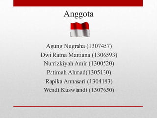 Anggota

Agung Nugraha (1307457)
Dwi Ratna Martiana (1306593)
Nurrizkiyah Amir (1300520)
Patimah Ahmad(1305130)
Rapika Annasari (1304183)
Wendi Kuswiandi (1307650)

 