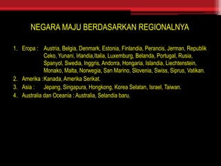 NEGARA MAJU BERDASARKAN REGIONALNYA
1. Eropa : Austria, Belgia, Denmark, Estonia, Finlandia, Perancis, Jerman, Republik
Ceko, Yunani, Irlandia,Italia, Luxemburg, Belanda, Portugal, Rusia,
Spanyol, Swedia, Inggris, Andorra, Hongaria, Islandia, Liechtenstein,
Monako, Malta, Norwegia, San Marino, Slovenia, Swiss, Siprus, Vatikan.
2. Amerika :Kanada, Amerika Serikat.
3. Asia : Jepang, Singapura, Hongkong, Korea Selatan, Israel, Taiwan.
4. Australia dan Oceania : Australia, Selandia baru.
 