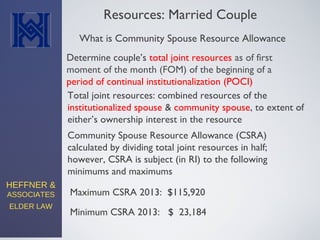HEFFNER &
ASSOCIATES
ELDER LAW
Resources: Married Couple
What is Community Spouse Resource Allowance
Determine couple’s total joint resources as of first
moment of the month (FOM) of the beginning of a
period of continual institutionalization (POCI)
Total joint resources: combined resources of the
institutionalized spouse & community spouse, to extent of
either’s ownership interest in the resource
Maximum CSRA 2013: $115,920
Minimum CSRA 2013: $ 23,184
Community Spouse Resource Allowance (CSRA)
calculated by dividing total joint resources in half;
however, CSRA is subject (in RI) to the following
minimums and maximums
 