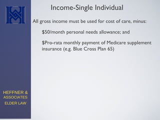 HEFFNER &
ASSOCIATES
ELDER LAW
Income-Single Individual
All gross income must be used for cost of care, minus:
$50/month personal needs allowance; and
$Pro-rata monthly payment of Medicare supplement
insurance (e.g. Blue Cross Plan 65)
 