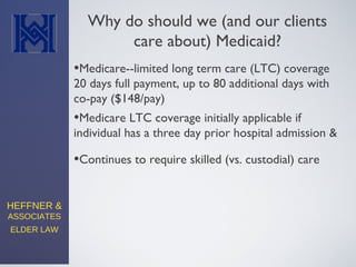 HEFFNER &
ASSOCIATES
ELDER LAW
Why do should we (and our clients
care about) Medicaid?
•Medicare--limited long term care (LTC) coverage
20 days full payment, up to 80 additional days with
co-pay ($148/pay)
•Continues to require skilled (vs. custodial) care
•Medicare LTC coverage initially applicable if
individual has a three day prior hospital admission &
 