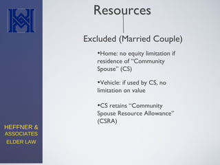 HEFFNER &
ASSOCIATES
ELDER LAW
Resources
Excluded (Married Couple)
•Home: no equity limitation if
residence of “Community
Spouse” (CS)
•Vehicle: if used by CS, no
limitation on value
•CS retains “Community
Spouse Resource Allowance”
(CSRA)
 