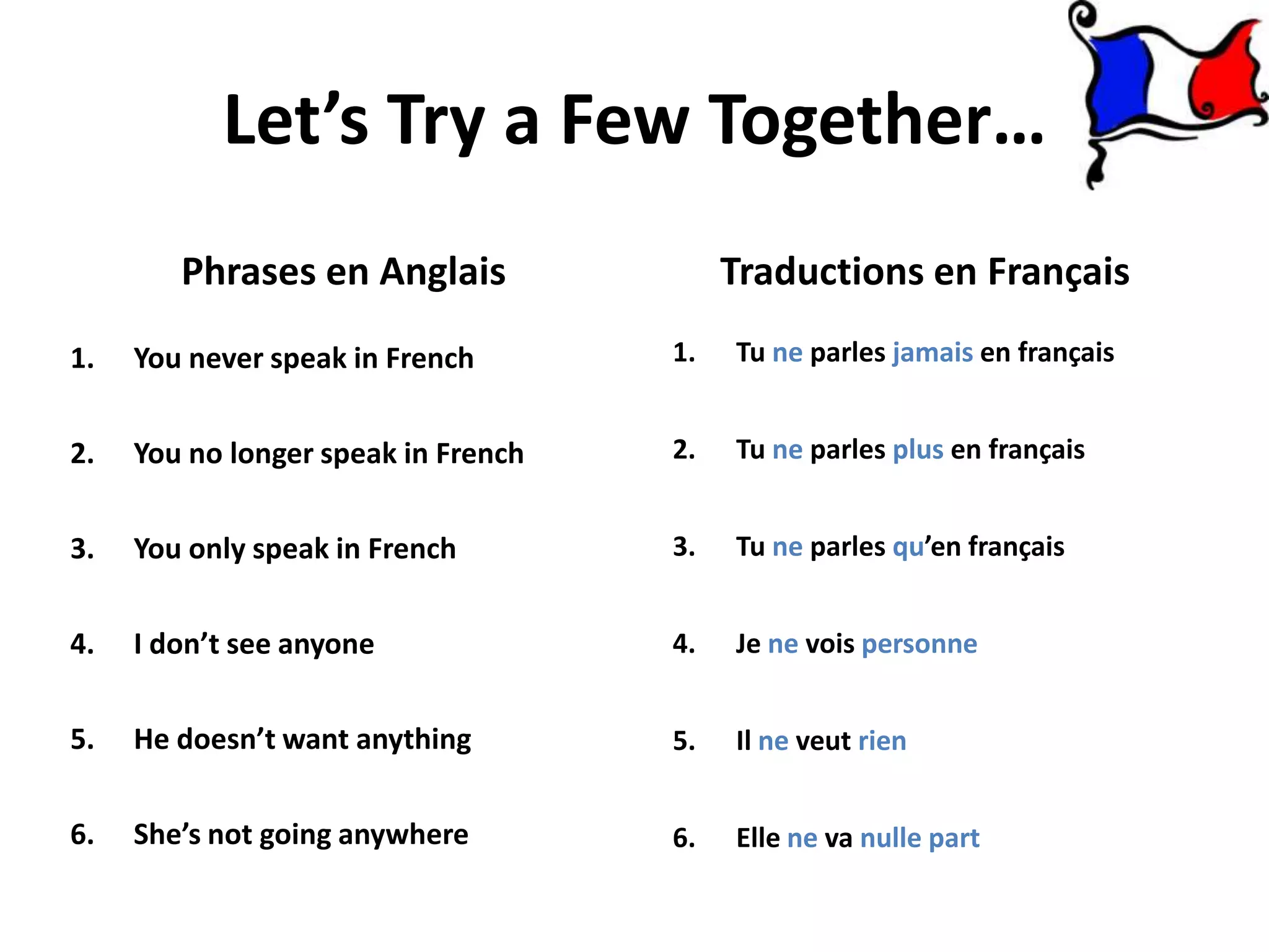 Let’s Try a Few Together…
        Phrases en Anglais                Traductions en Français
1.   You never speak in French       1.   Tu ne parles jamais en français


2.   You no longer speak in French   2.   Tu ne parles plus en français


3.   You only speak in French        3.   Tu ne parles qu’en français


4.   I don’t see anyone              4.   Je ne vois personne


5.   He doesn’t want anything        5.   Il ne veut rien


6.   She’s not going anywhere        6.   Elle ne va nulle part
 