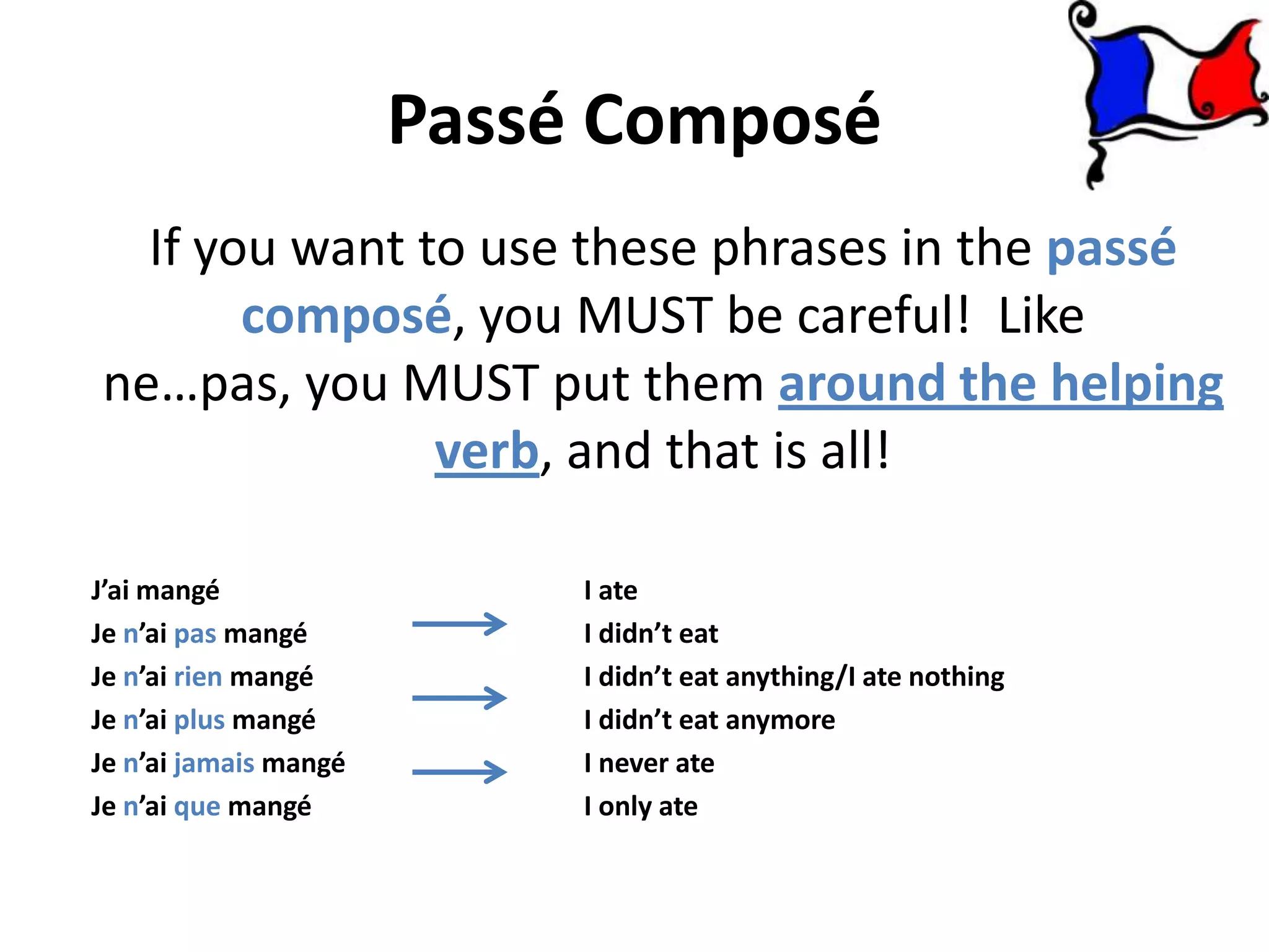 Passé Composé
  If you want to use these phrases in the passé
       composé, you MUST be careful! Like
ne…pas, you MUST put them around the helping
               verb, and that is all!

J’ai mangé                  I ate
Je n’ai pas mangé           I didn’t eat
Je n’ai rien mangé          I didn’t eat anything/I ate nothing
Je n’ai plus mangé          I didn’t eat anymore
Je n’ai jamais mangé        I never ate
Je n’ai que mangé           I only ate
 